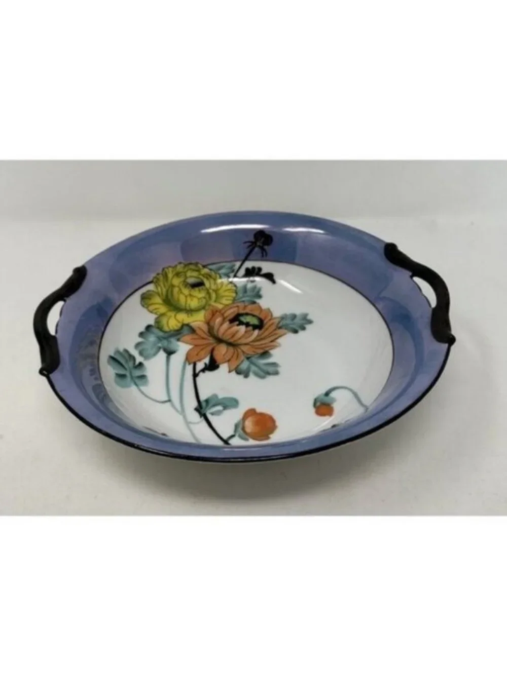 NORITAKE MORIMURA TWO HANDLED SERVING BOWL Floral Art Deco Blue Luster Ware